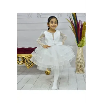 Kız Çocuk Beyaz Payetli Boncuklu Önü Dekolte Detaylı Uzun Kol Kabarık Elbise