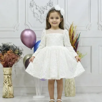 Kız Çocuk Beyaz Payetli Kare Yaka Uzun Kol Elbise