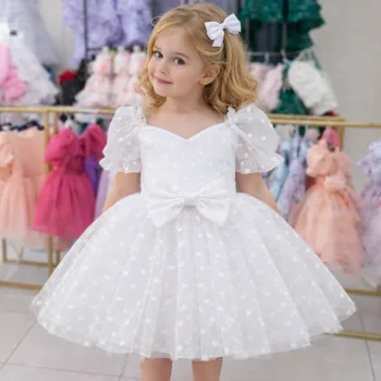 Kız Çocuk Beyaz Puantiyeli Kalp Detaylı Yaka ve Balon Kol Elbise