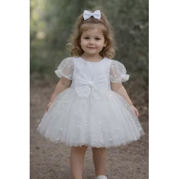 Kız Çocuk Beyaz Saten İncili Kabarık Elbise