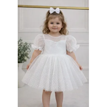 Kız Çocuk Beyaz Şeffaf Flok Pauantiyeli Kalp Detaylı Prenses Kol Detaylı Kabarık Elbise