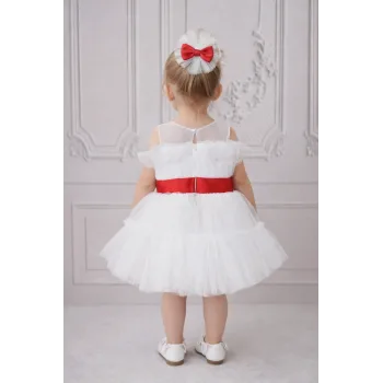 Kız Çocuk Beyaz Şeffaf Üst Ön Fiyonk Detaylı Kırmızı Kemerli Kabarık Elbise