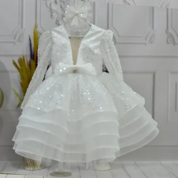 Kız Çocuk Dekolteli Beyaz Taşlı Boncuklu Elbise Gren Etekli Kabarık Elbise