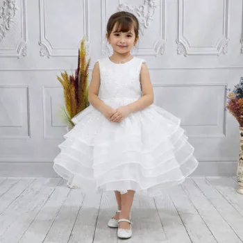 Kız Çocuk Beyaz Taşlı Boncuklu Payetli Sıfır Kol Elbise