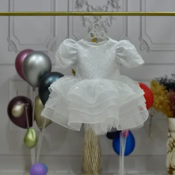 Kız Çocuk Beyaz Boncuklu Payetli Kısa Balon Kol Taşlı Boncuklu Elbise