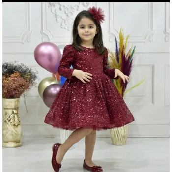 Kız Çocuk Bordo Boncuklu Düz Kol Elbise
