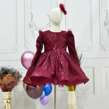 Kız Çocuk Bordo Boncuklu Omuz Tül Detaylı Uzun Kol Elbise