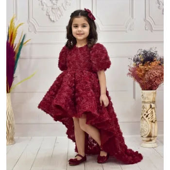 Kız Çocuk Bordo Gül Desenli Kuyruklu Kısa Kol Elbise Abiye