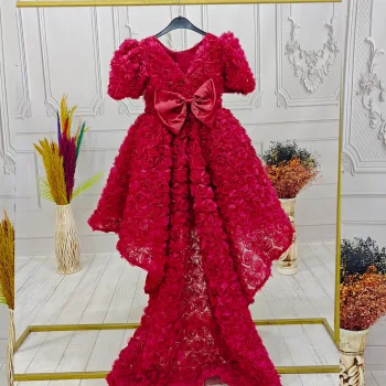 Kız Çocuk Bordo Gül Desenli Kuyruklu Kısa Kol Elbise Abiye