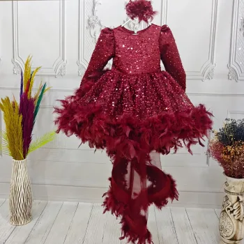 Bordo Gül Taşlı Boncuklu Kuyruklu Uzun Kol Elbise Abiye Gelinlik