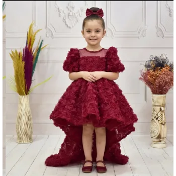 Kız Çocuk Bordo Gül Desenli Kuyruklu Şeffaf Üst Kısa Kol Elbise Abiye