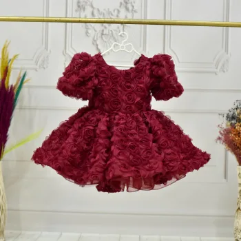 Kız Çocuk Bordo Gül Kabarık Boncuklu Kısa Balon Kol