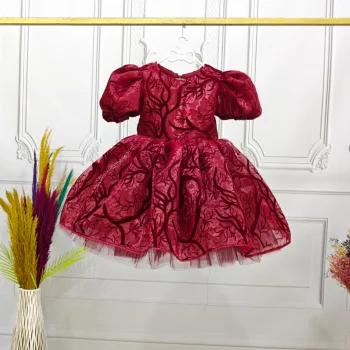 Kız Çocuk Bordo Organze Parıltılı Desenli Kloş Balon Kol Kabarık Elbise