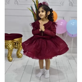 Kız Çocuk Bordo Parıltılı Ön Dekolteli Uzun Kol Grenli Kabarık Abiye Elbise