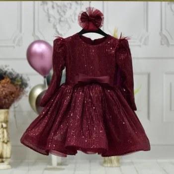 Kız Çocuk Bordo Payetli Omuz Tül Detaylı Kabarık Elbise
