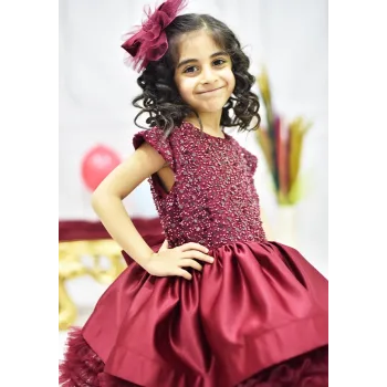 Kız Çocuk Bordo Payetli Boncuklu Ay Kol Etekli Fırfır Kabarık Elbise