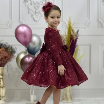 Kız Çocuk Bordo Payetli Omuz Tül Detaylı Kabarık Elbise