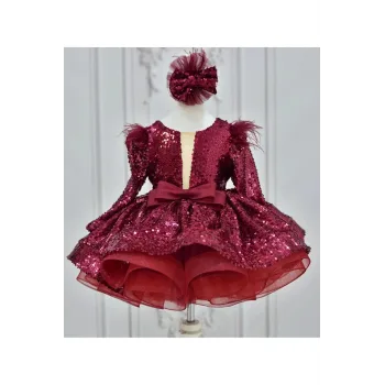 Kız Çocuk Bordo Payetli Ön Dekolteli Kol Tüy Detaylı Uzun Kol Kabarık Elbise