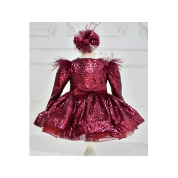 Kız Çocuk Bordo Payetli Tüy Detaylı Uzun Kol Bisiklet Yaka Grenli Kabarık Elbise