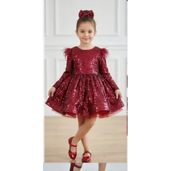 Kız Çocuk Bordo Payetli Tüy Detaylı Uzun Kol Bisiklet Yaka Grenli Kabarık Elbise