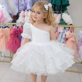 Kız Çocuk flok Beyaz Tek Omuz Puantiyeli Gren Etekli Kabarık Elbise