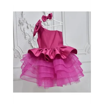 Kız Çocuk Fuşya Tek Omuz Kemer Boncuk İşleme Gren Etekli Elbise