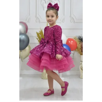 Kız Çocuk Fuşya Boncuklu Payetli Kabarık Elbise Abiye Gelinlik