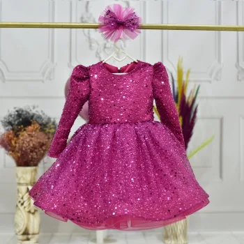 Kız Çocuk Fuşya Boncuklu Payetli Kabarık Elbise Uzun Kol