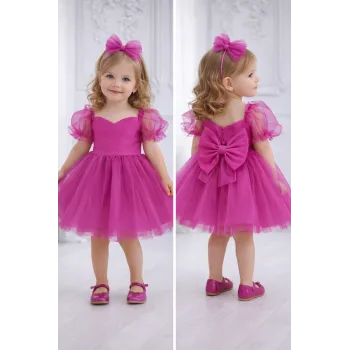 Kız Çocuk Fuşya Kalp Detaylı Kısa Balon Kol Kabarık Elbise