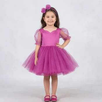 Kız Çocuk Fuşya Kalp Detaylı Kısa Balon Kol Kabarık Elbise