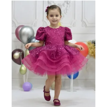 Kız Çocuk Fuşya Kısa Balon Kol Taşlı Boncuklu Elbise