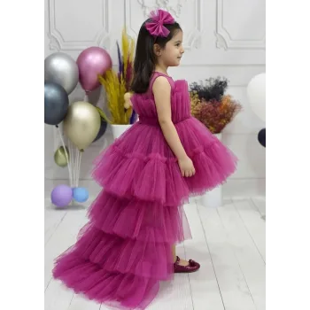 Kız Çocuk Fuşya Kuyruklu Gelinlik Tam Boy Abiye