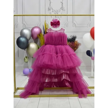 Kız Çocuk Fuşya Kuyruklu Gelinlik Tam Boy Abiye