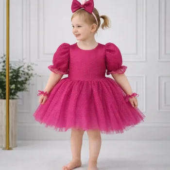 Kız Çocuk Fuşya Puantiyeli Flok Prenses Kol Kabarık Elbise