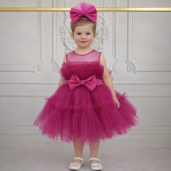 Kız Çocuk Fuşya Şeffaf Üst Ön Fiyonk Detaylı Kemerli Kabarık