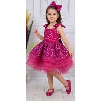 Kız Çocuk Fuşya Taşlı Boncuklu Çift Fiyonk Elbise