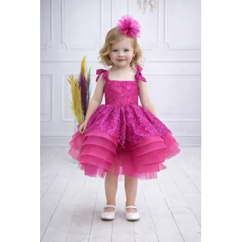 Kız Çocuk Fuşya Taşlı Boncuklu Çift Fiyonk Elbise