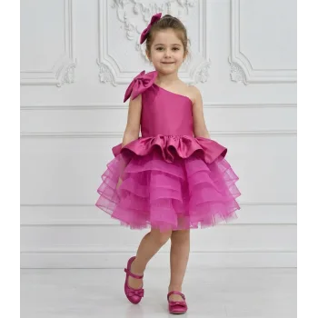 Kız Çocuk Fuşya Tek Omuz Kemer Boncuk İşleme Gren Etekli Elbise