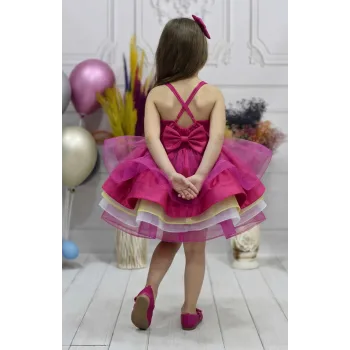 Kız Çocuk Fuşya Unicorn Kabarık Kare Yaka Elbise