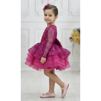 Kız Çocuk Fuşya Uzun Kol Taşlı Boncuklu Elbise