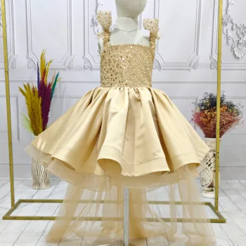 Gold Askılı Kuyruklu Taşlı  Boncuklu Payetli Kabarık Elbise