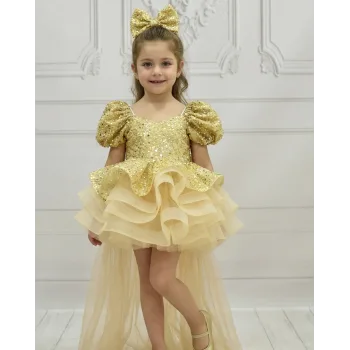 Kız Çocuk Gold Askılı Kısa Kol Kuyruklu Boncuklu Payetli Kabarık Elbise