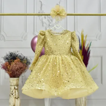 Kız Çocuk Gold Boncuklu Payetli Kabarık Elbise Uzun Kol