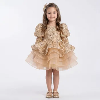Kız Çocuk Gold Boncuklu Payetli KısaKol  Bilek kol Kabarık Elbise