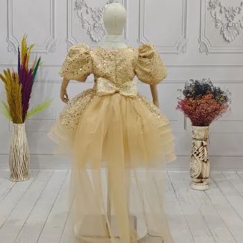 Kız Çocuk Bej Kuyruklu Boncuklu Payetli Kabarık Elbise