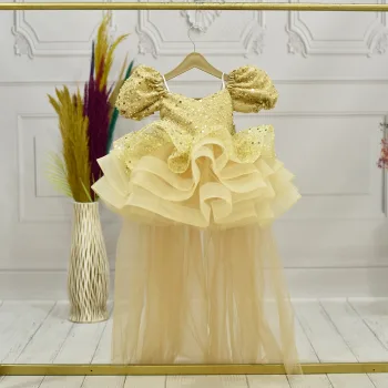 Kız Çocuk Gold Askılı Kısa Kol Kuyruklu Boncuklu Payetli Kabarık Elbise