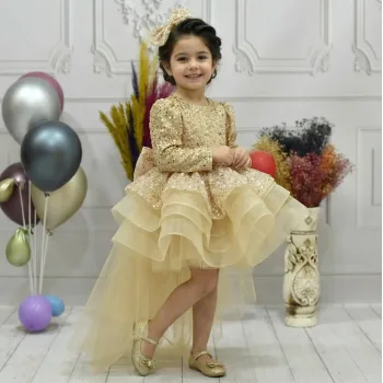 Kız Çocuk Gold Kuyruklu Boncuklu Payetli Kabarık Elbise