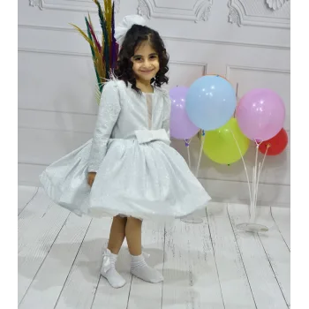 Kız Çocuk Parıltılı Ön Dekolteli Uzun Kol Grenli Kabarık Abiye Elbise