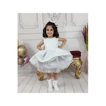 Kız Çocuk Gri Parıltılı Sıfır Kol Arka Kısım V Etek Grenli Kabarık Elbise