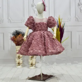 Kız Çocuk Gül Kurusu Gül Desenli Kabarık Elbise